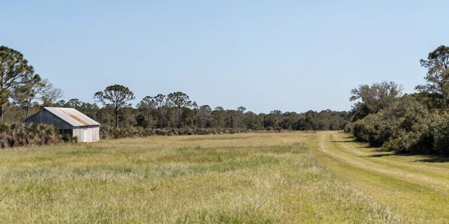 Maintained Central Florida acreage property with open grass, a mown track and a small barn at the tree line