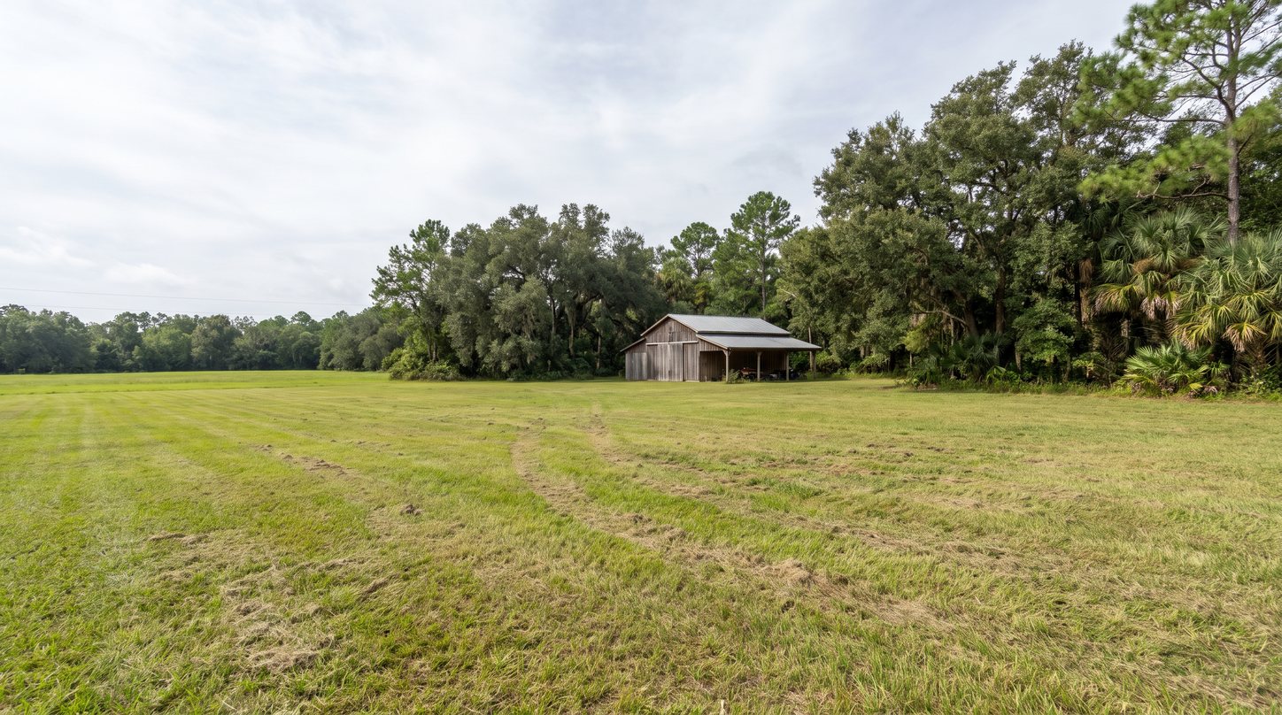 Maintained Central Florida acreage property with a broad mown field, a wooded tree line and an open-sided barn
