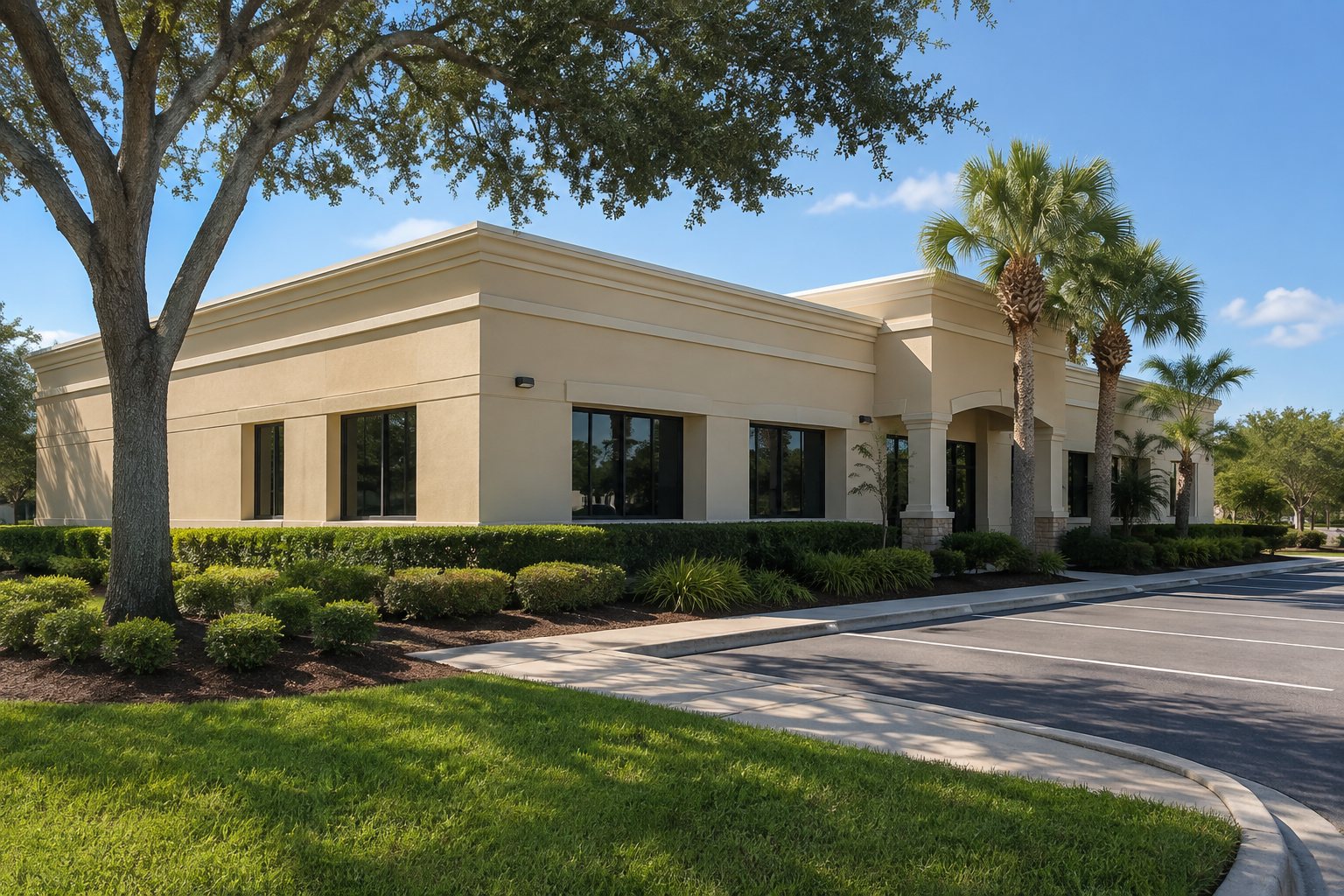 Single storey commercial building in Central Florida with mown lawn, trimmed shrub beds, mature oak and palms, and a clean parking area