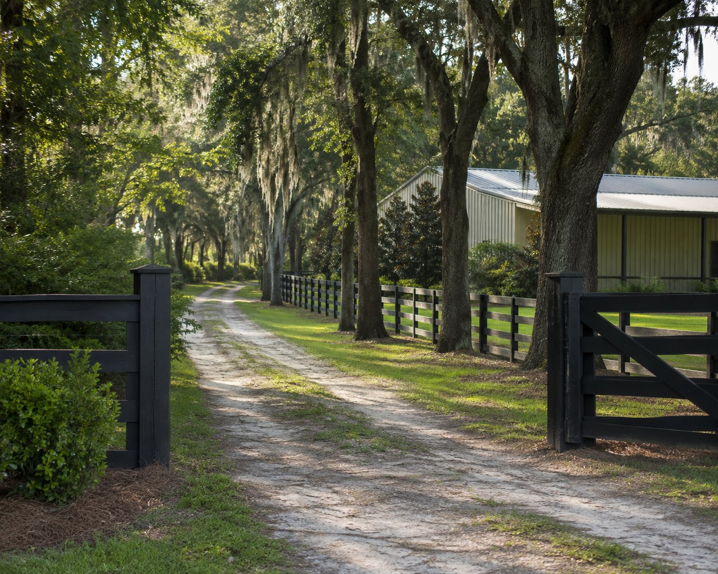 Central Florida property with a sandy drive and mown verges beneath live oaks, with clear access from the road