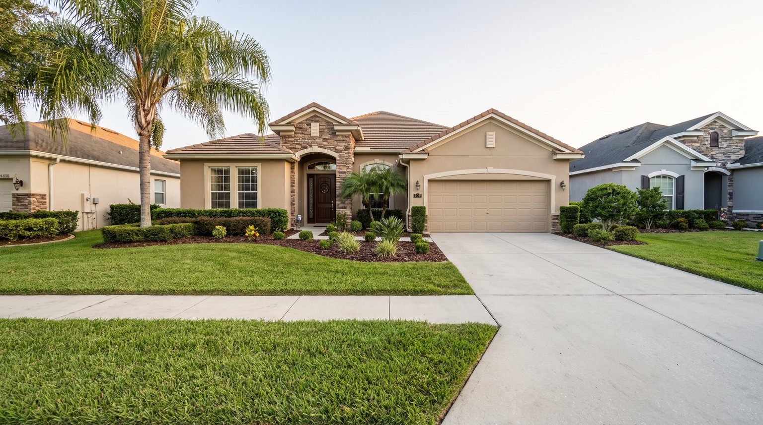 Clean Central Florida home exterior with a washed concrete driveway, walkway and entry approach