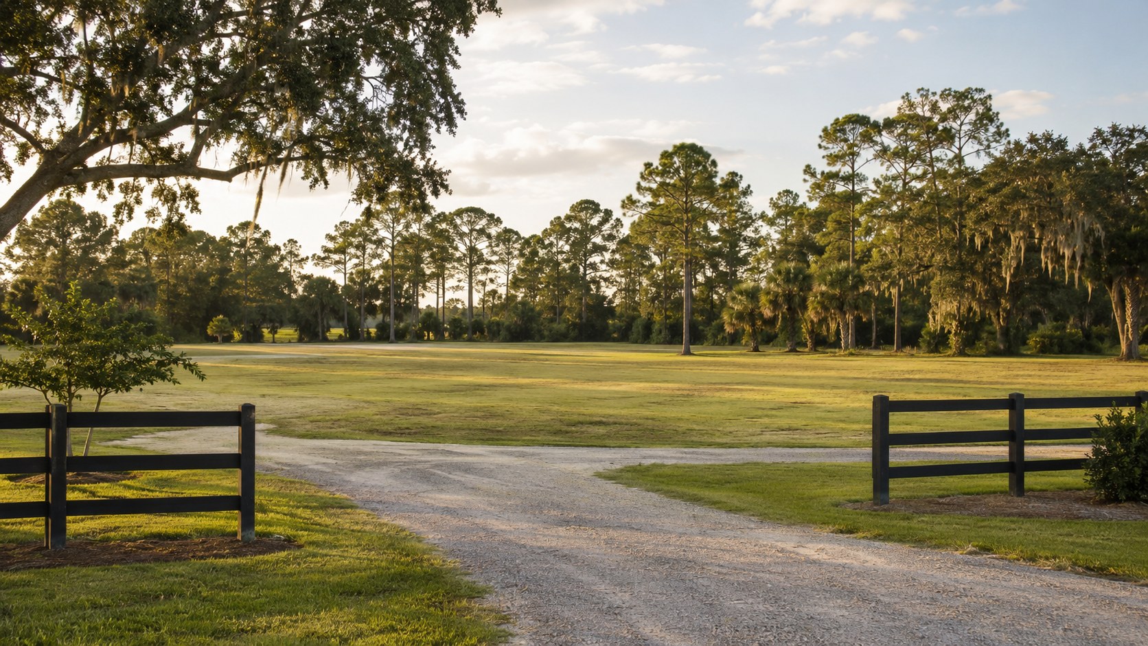 Rural Central Florida property with a sandy drive, fencing, mature oak trees and maintained grounds