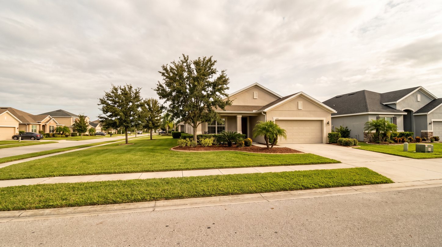 Well-maintained Central Florida subdivision home with a mown lawn and neighboring homes along the street