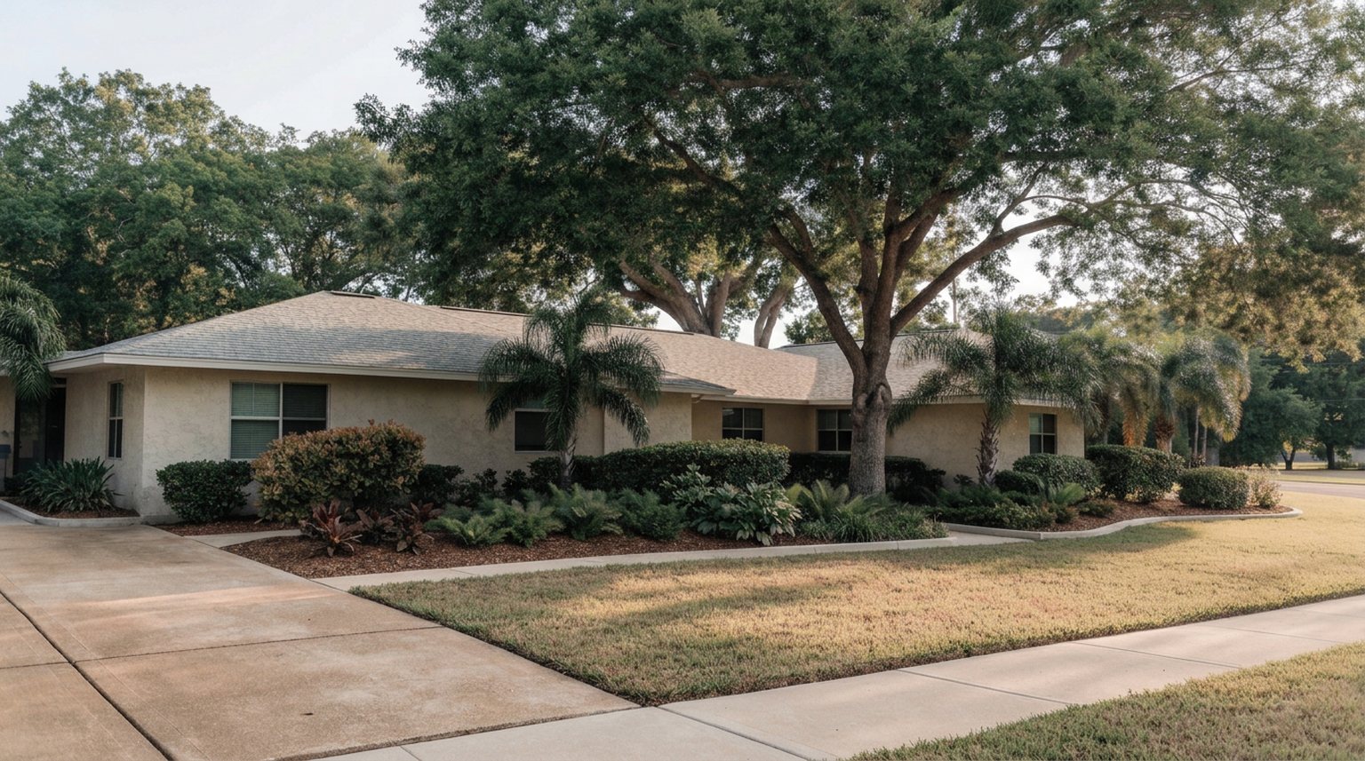 Single-story Central Florida home with mature oaks and palms, mulched planting beds and a mown lawn