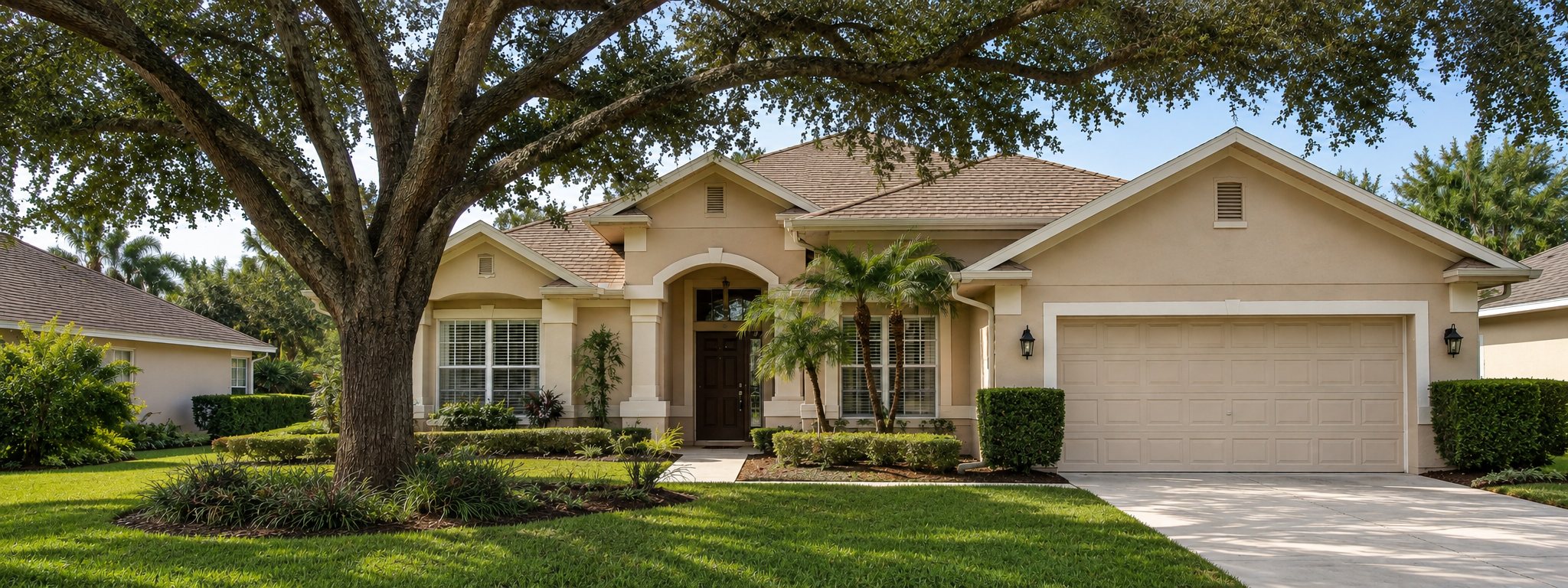 Single storey Central Florida home with a mown lawn, landscape beds, palms and a mature live oak shading the driveway