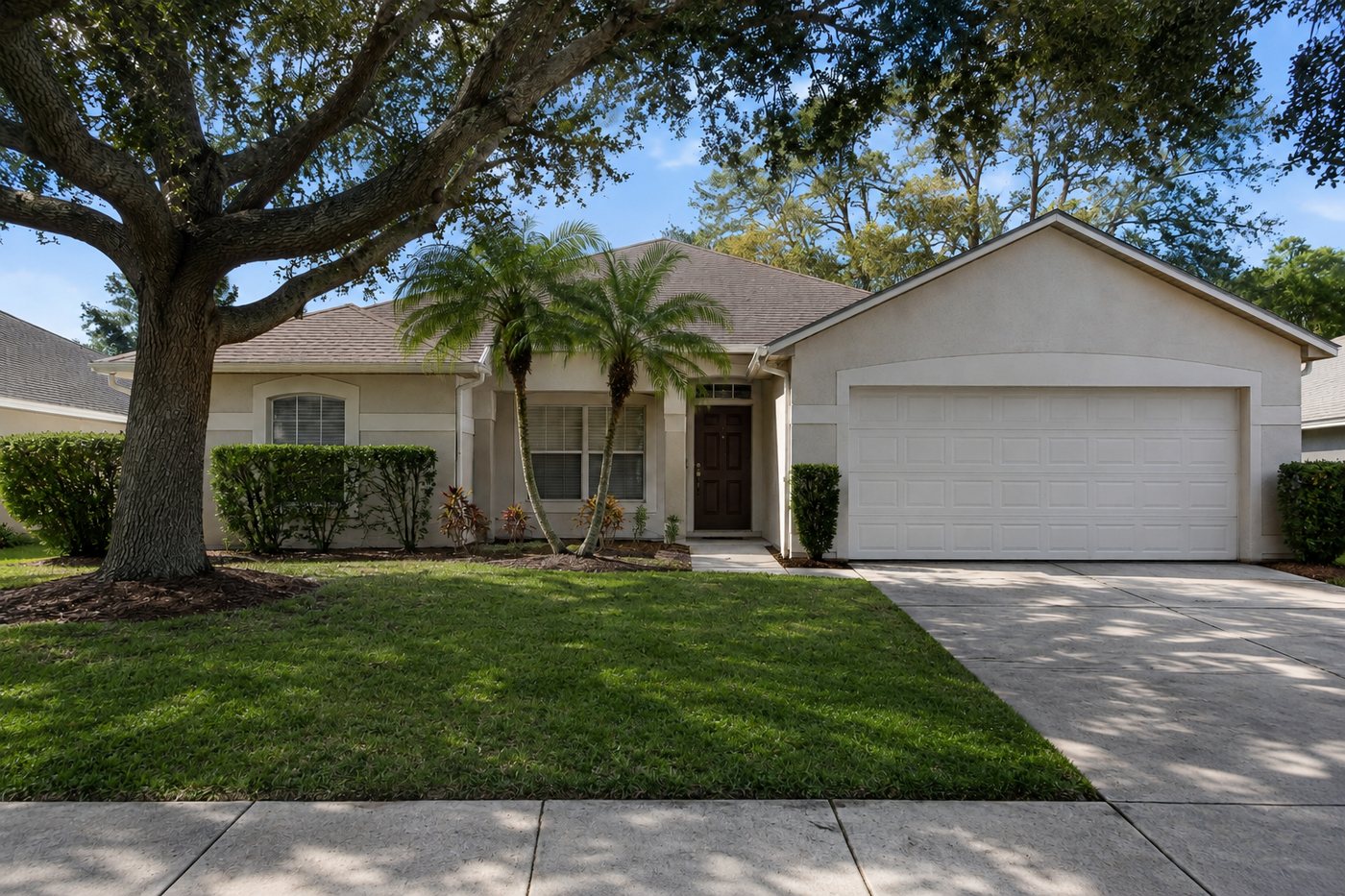 Central Florida home with a mown front lawn, trimmed hedges, palms and a mature oak beside the driveway and sidewalk